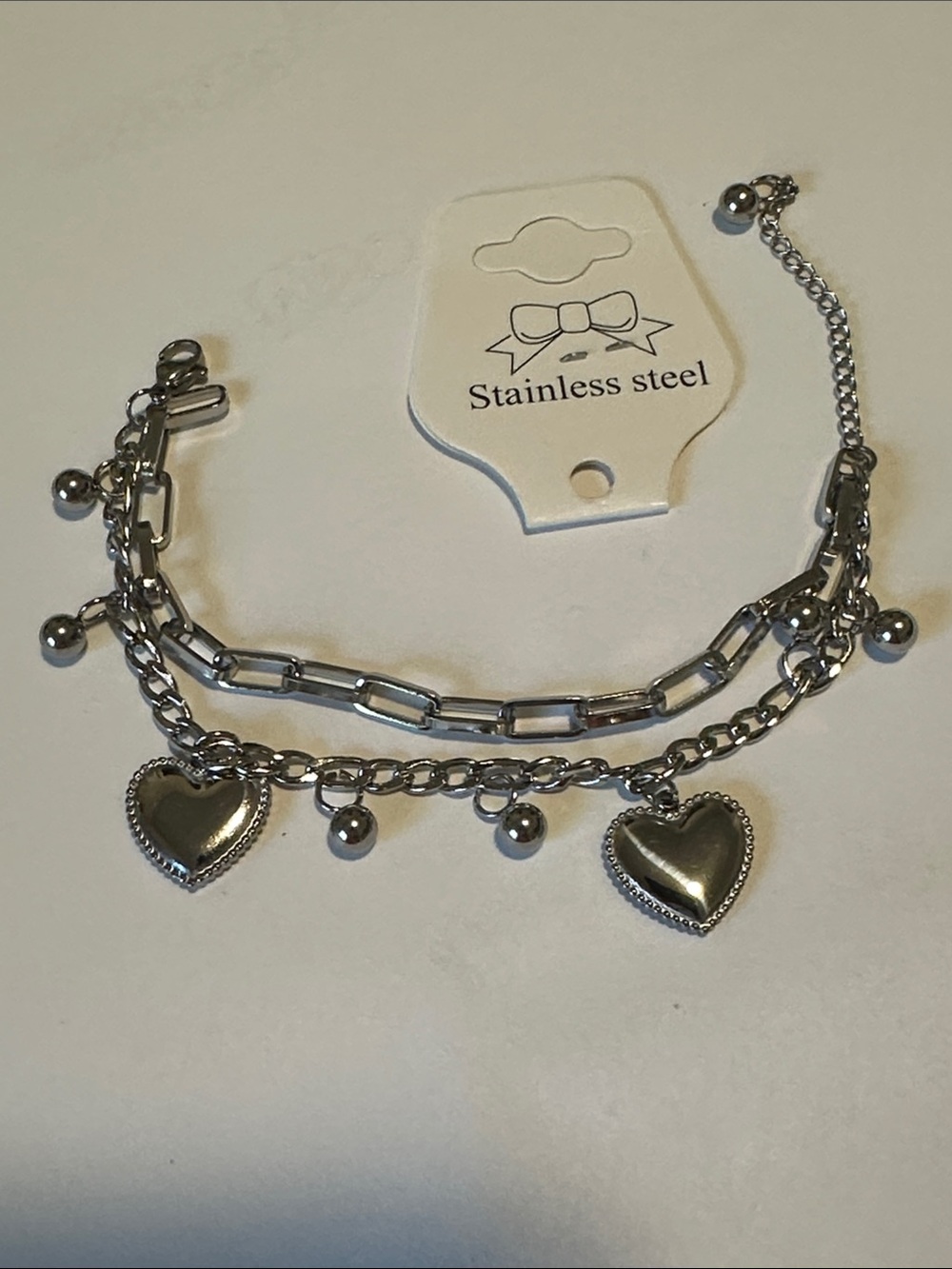 Bracelet with Heart charm Silver stainless steel new dainty dangle two chains